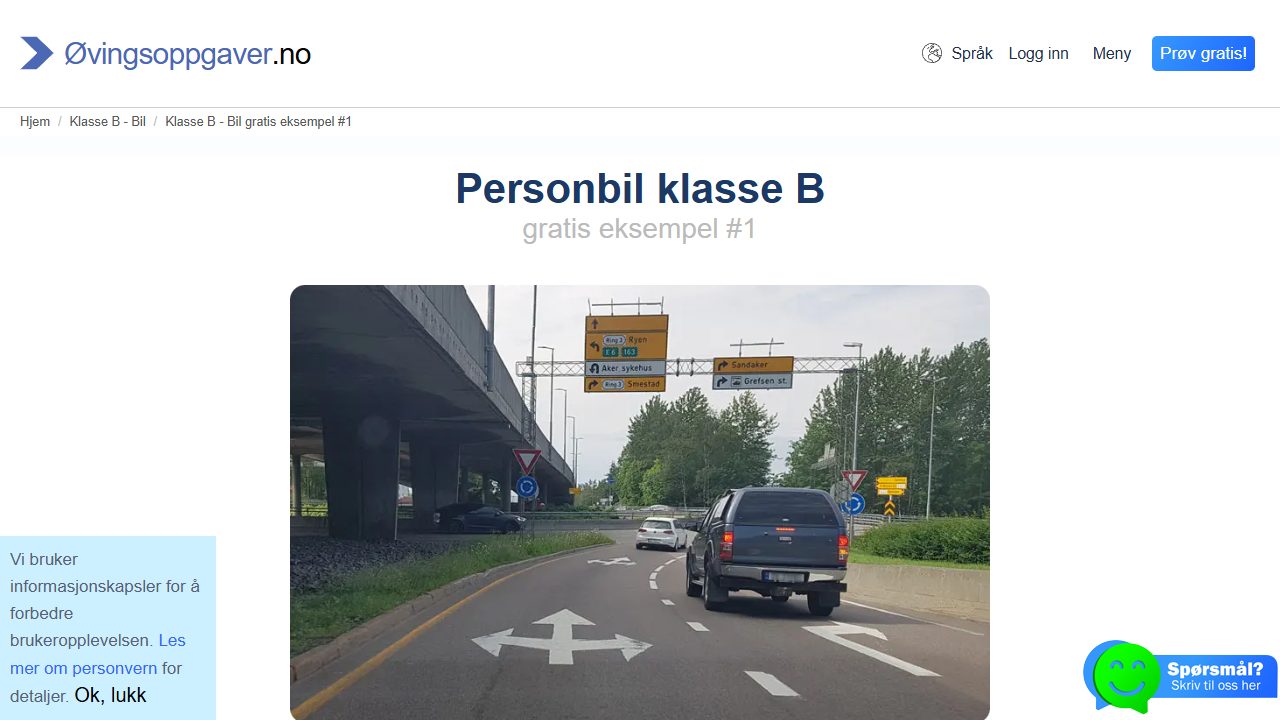 Gratis trafikkoppgave for klasse B på Øvingsoppgaver.no med skilt og feltskifte