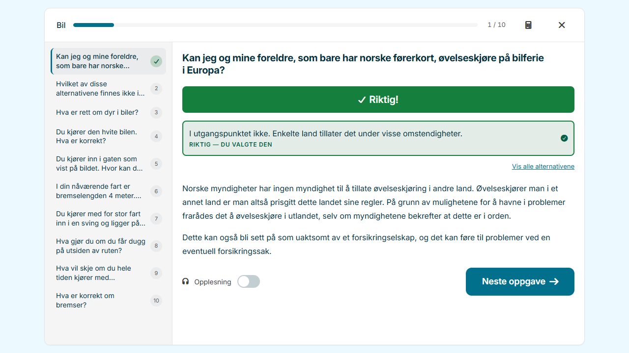 Prøve.no sin gratis teoriprøve med riktig svar og forklaring for klasse B