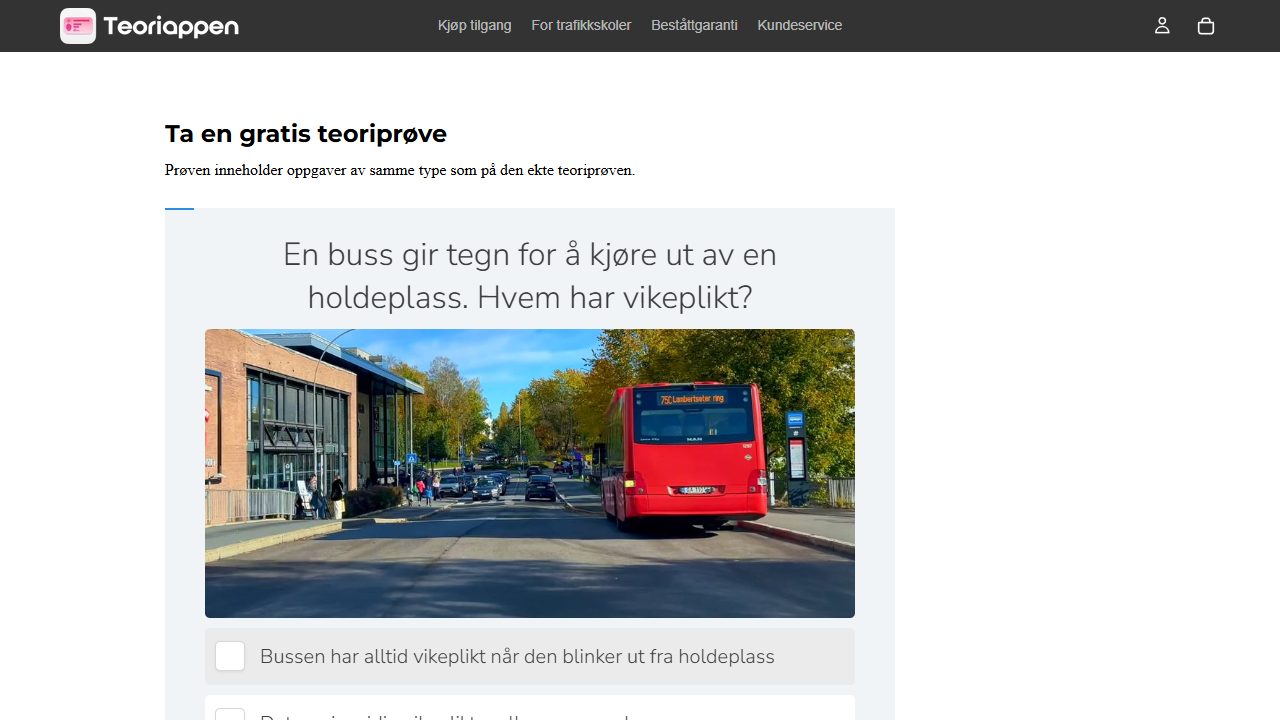 Teoriappen sin offentlige teoriprøve med svaralternativer på skjerm