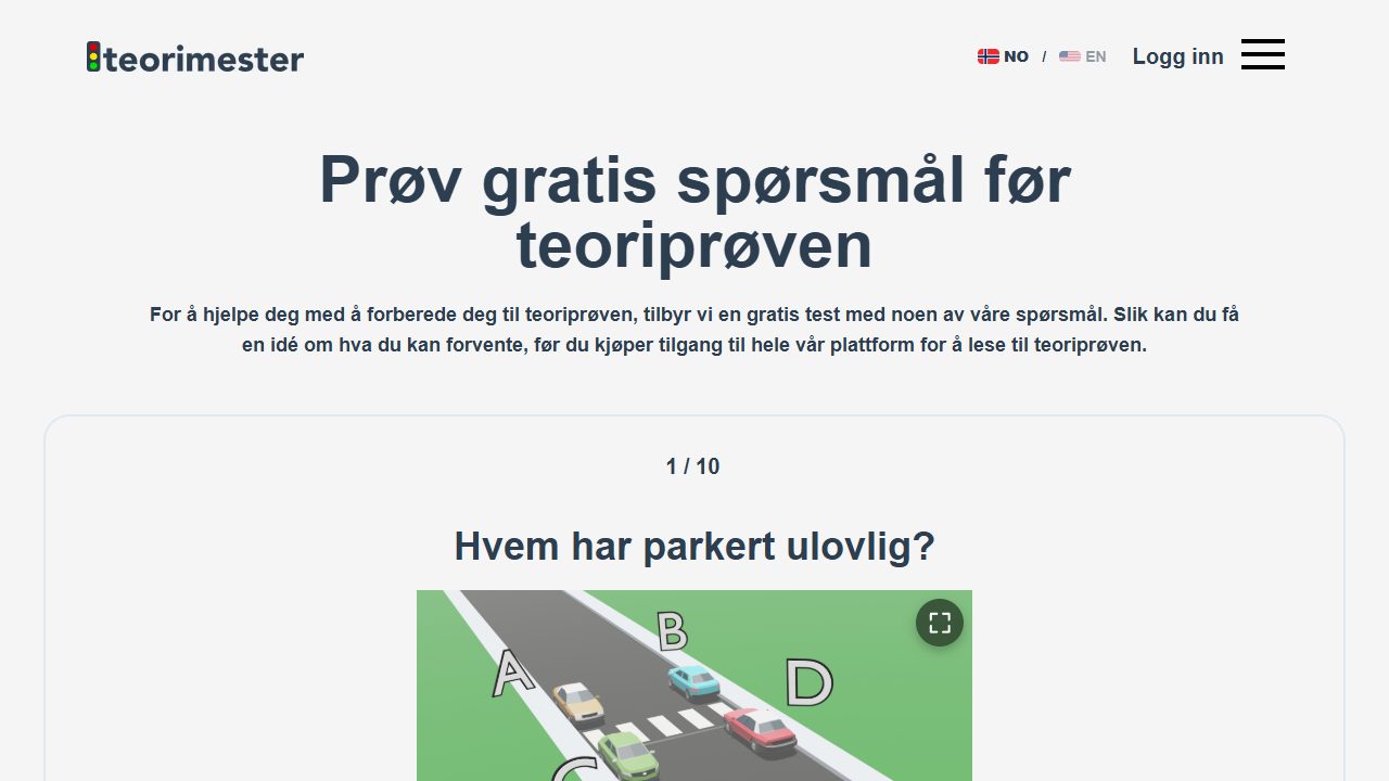 Teorimester sin gratis teoriprøve med en illustrert trafikkoppgave for klasse B