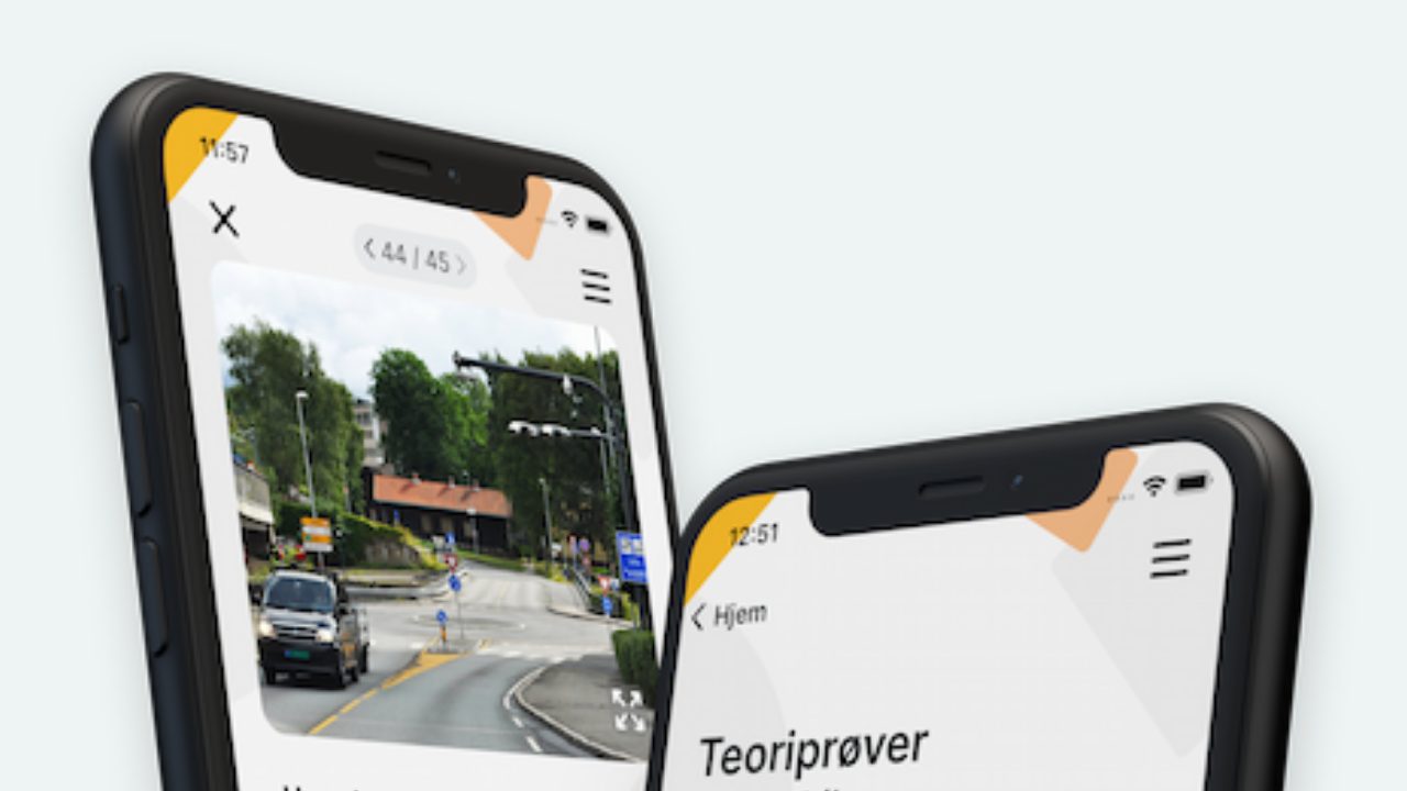 Teoritentamen på mobil med teoriprøve og grafisk resultatoversikt for klasse B
