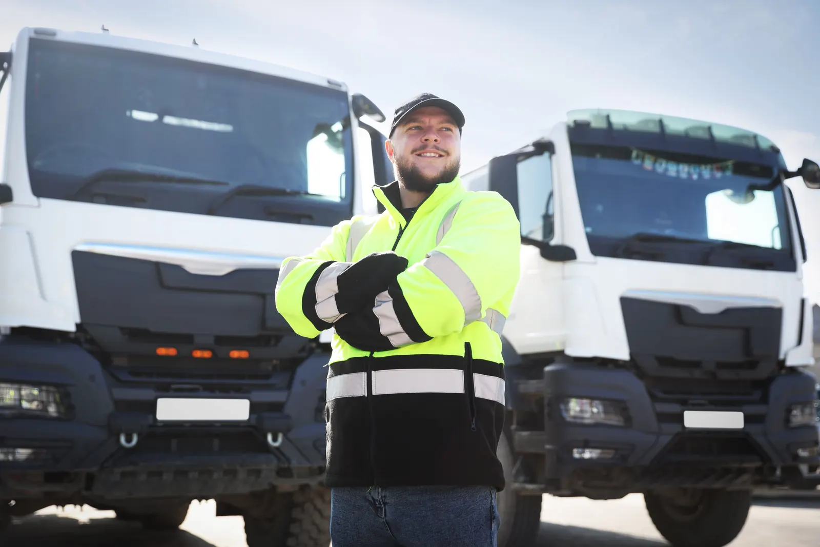 Sjåfør i synlighetsklær foran to tunge lastebiler